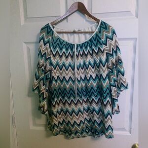 Tacera Blue and White Flutter Sleeve Blouse